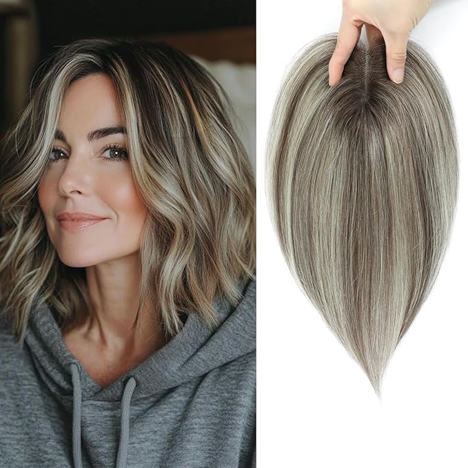 YAMI Hair Toppers for Women Fluffy Human Hair Topper 10inch Handmade Swiss Base Hairpieces 360° Cover Hairloss (Ombre Brown with Blonde Highlight)