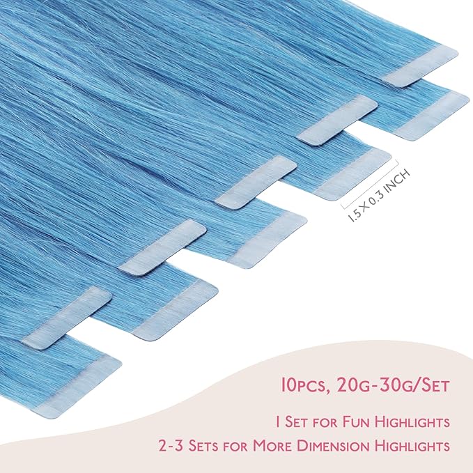 WENNALIFE Tape in Hair Extensions Human Hair SkyBlue Tape in Extensions, 10pcs 25g 18 inch Remy Invisible Tape Ins Straight Colored Soft Real Human Hair Tape in Extensions Refill Set Extensions