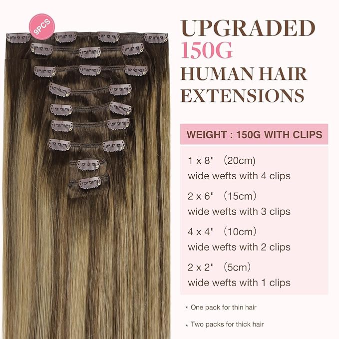 GOO GOO Clip in Hair Extensions Real Human Hair, Remy Human Hair Extensions Clip ins for Women, Natural Human Hair, 24inch 240g 9Pcs, #4/27/4 Balayage Chocolate Brown to Caramel Blonde