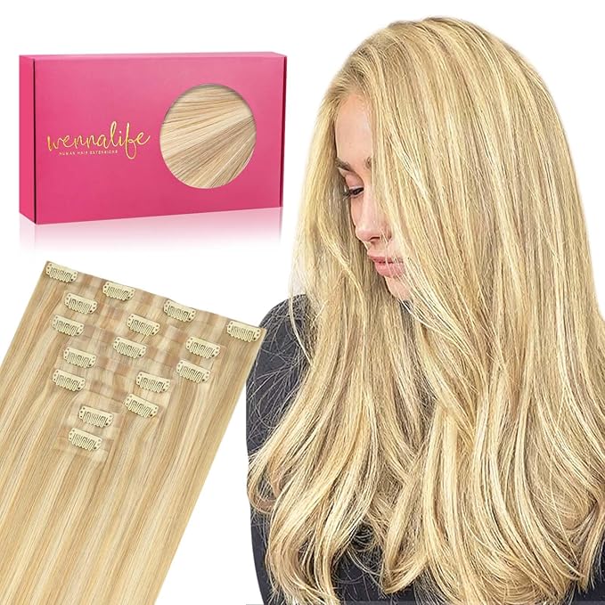 WENNALIFE Seamless Clip In Hair Extensions, 16 Inch 7pcs 130g Light Blonde Highlighted Golden Blonde Hair Extensions Clip In Real Human Hair Extensions Invisible PU Weft Human