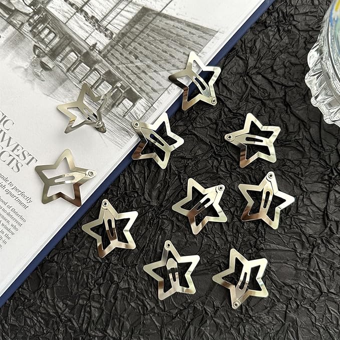 Star Hair Clips 2000s Y2K Snap Hair Barrettes Non Slip Star Hair Accessories Silver Metal Hair Clips for Girls Women -15 PCS 1.57"