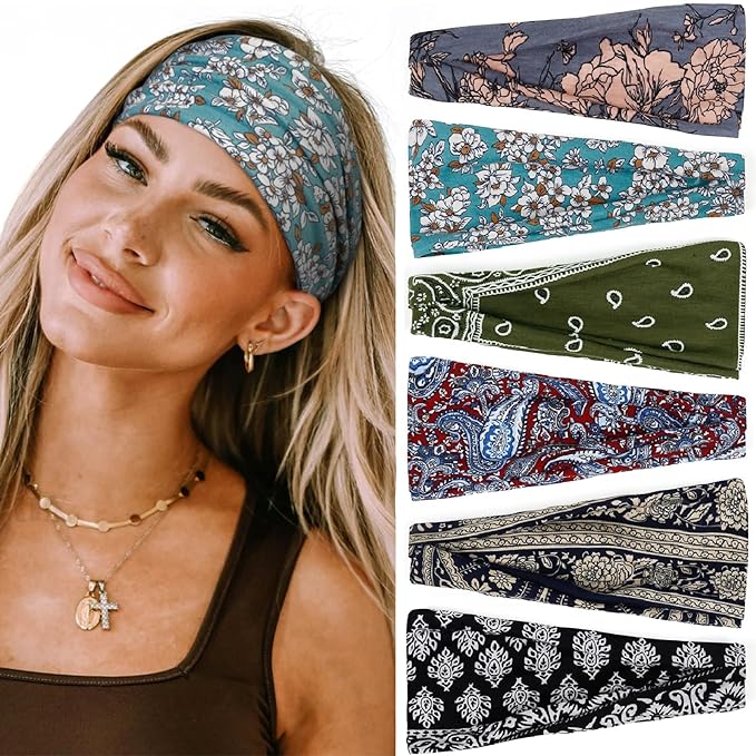 Huachi Headbands for Women Boho Elastic Hairbands for Women’s Hair Non Slip Wide Thick Head Band Fashion Soft Fabric Woman Headbands Short Hair Accessories for Women 6 Pack