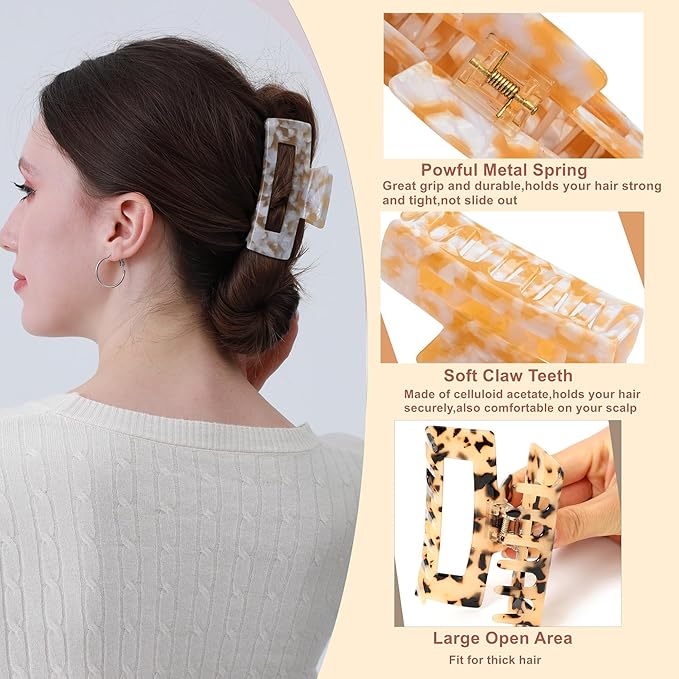 2 Pack Hair Claw Clips for Women Tortoise Shell Large Claw Hair Clips for Thin to Thick Hair Rectangle Hair Jaw clips