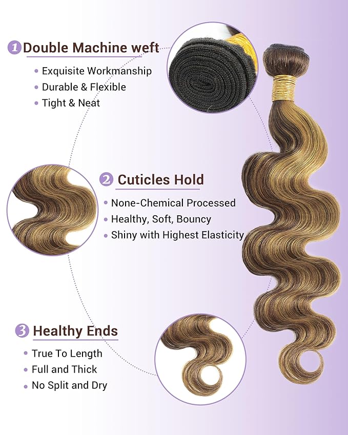 Highlight Yellow Golden Blonde On Chocolate Brown Color Body Wave Human Hair Bundles 100% Real Virgin Human Hair 3 Bundles Body Wave 12 14 16 Inch Colored Sew in Quick Weave