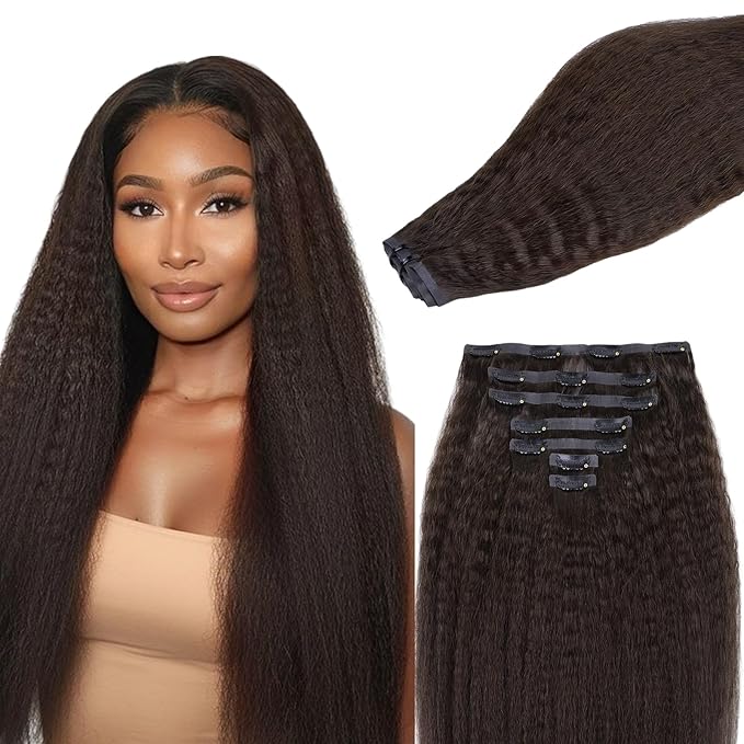 Lashey Seamless Clip in Hair Extensions Human Hair #2 Dark Brown Kinky Straight Clip in Hair Extensions Real Human Hair 7pcs 110g 24 Inch PU Weft Clip ins for Women