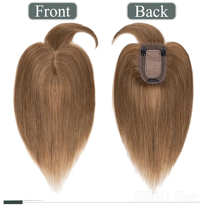 SEGO Hair Toppers for Women Real Human Hair with Thinning Hair, Toppers Hair Pieces Clip in Toppers Straight Hair Pieces with Front Bangs 150% Density Silk Base -12 Inch #6 Light Brown