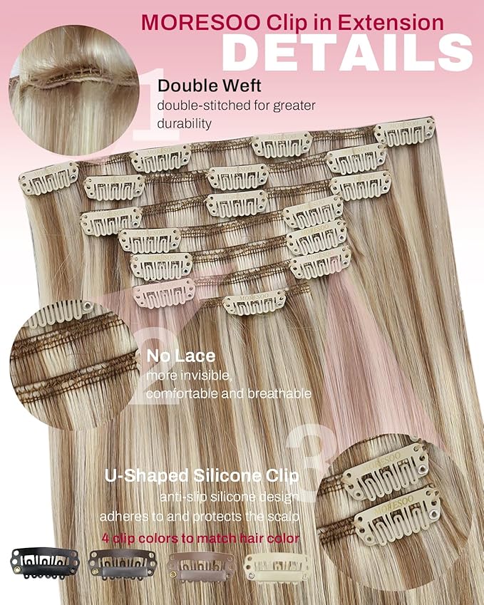 Moresoo Hair Extensions Real Human Hair Clip ins Blonde Highlighted Double Weft Clip in Hair Extensions Human Hair Light Brown with Blonde 7pcs 120g 20inch