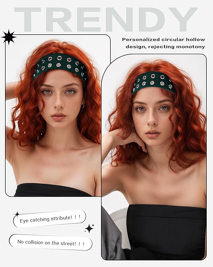Grommet Headband for Women, Green 23cm Hollow Out Elastic Hair Band, Eyelets Punk Grunge Stylish Hairband