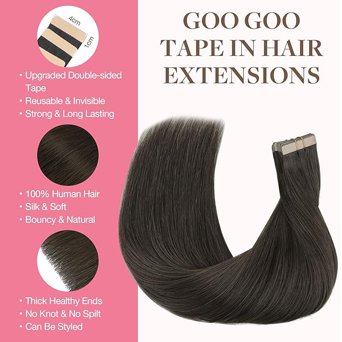 GOO GOO Tape in Hair Extensions Human Hair, 1C Mocha Brown, 14inch 100g 40pcs, Skin Weft Seamless Invisible, Silky Straight with Thick Ends, Remy Human Hair