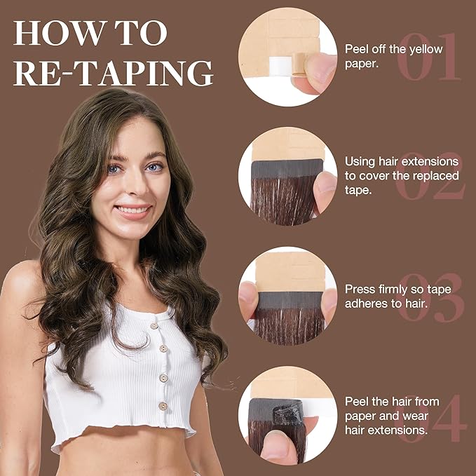 GOO GOO Tape in Hair Extensions Human Hair, 2/6 Dark Brown Highlighted Chestnut Brown, 22inch 30g 10pcs, Skin Weft Seamless Invisible, Silky Straight with Thick Ends, Remy Human Hair