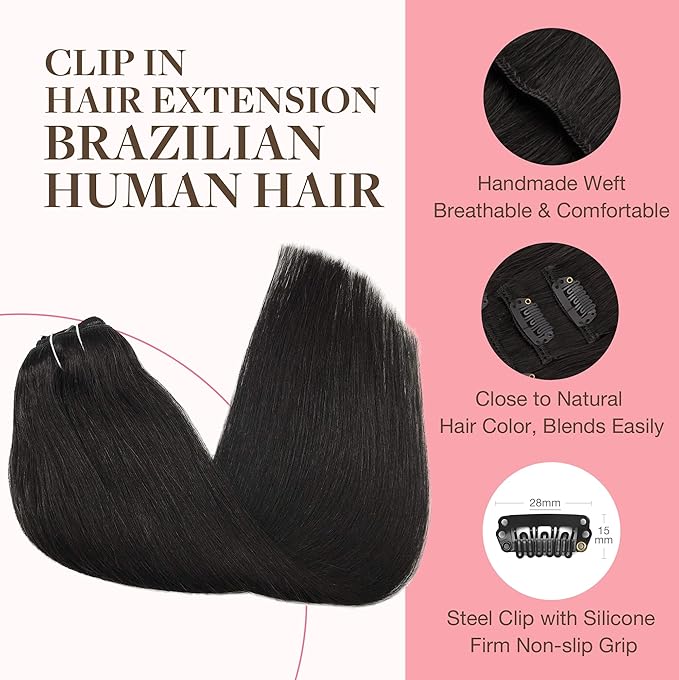 GOO GOO Clip in Hair Extensions Real Human Hair, Remy Human Hair Extensions Clip ins for Women, Natural Human Hair, 22inch 170g 7Pcs, #1B Natural Black