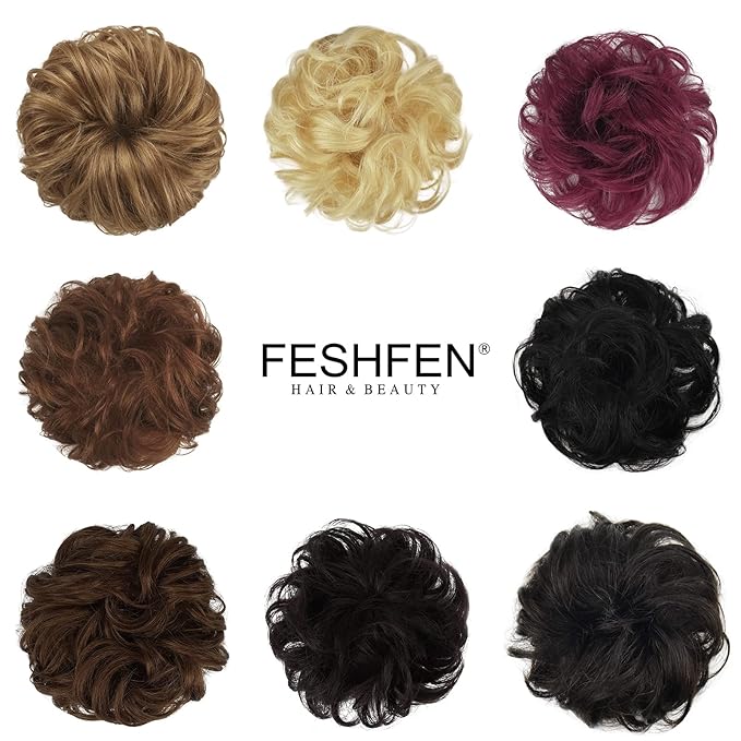 FESHFEN Human Messy Buns - 100% Human Hair Bun Real Scrunchies Hair Pieces Ponytail Extensions Wavy Tousled Updo Chignon Hairpieces for Women, Dark Brown