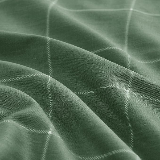 JELLYMONI 100% Natural Cotton Plaid King Pillowcases Set, 2 Pack White with Green Grid Geometric Pattern Printed Pillow Covers with Envelope Closure(Pillows are not Included)