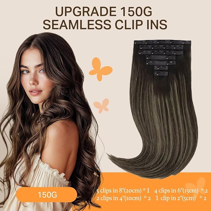 DOORES Clip-in Hair Extensions, Natural Black to Light Blonde, 7pcs 14 Inch 130g, Seamless Remy Hair, Thick Straight Hair, Invisi Edge