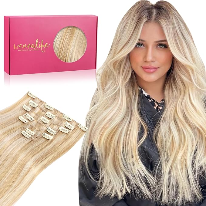 WENNALIFE Clip in Hair Extensions Human Hair 20 Inch 120g 7pcs Dirty Blonde Highlighted Bleach Blonde Hair Extensions Clip in for Women Real Human Hair Rallonge Cheveux Extensions