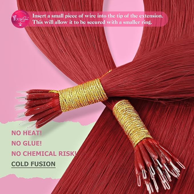 YoungSee Nano Ring Hair Extensions Red Nano Beads Hair Extensions Human Hair 22 inch Nano-tip Extension Red Nanolink Remy Hair Colored for Holiday Dinners 25g 25s