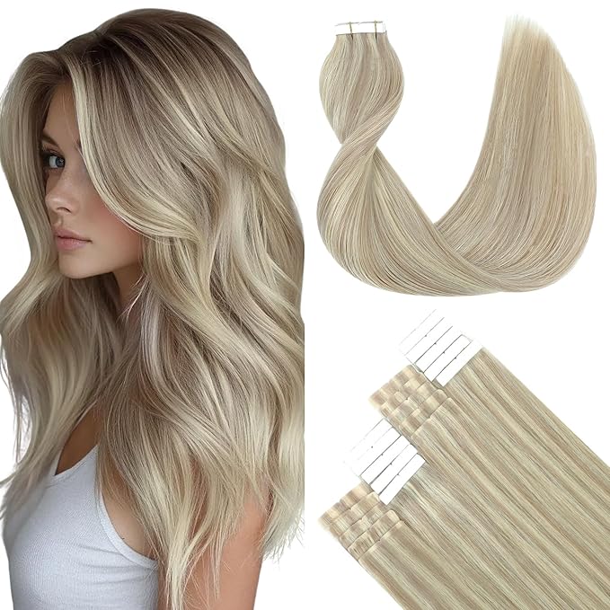 SURNEL Tape in Hair Extensions Ash Blonde Highlight Bleach Blonde Tape in Human Hair Extensions 16 inch 20pcs 50g(#18P613-16)