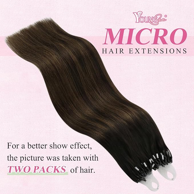 YoungSee Micro Loop Hair Extensions Real Human Hair Brown Micro Link Hair Extensions Dark Brown with Medium Browns Balayage Micro Ring Human Hair Extension Ombre for Parties 24 Inch 50g 50s