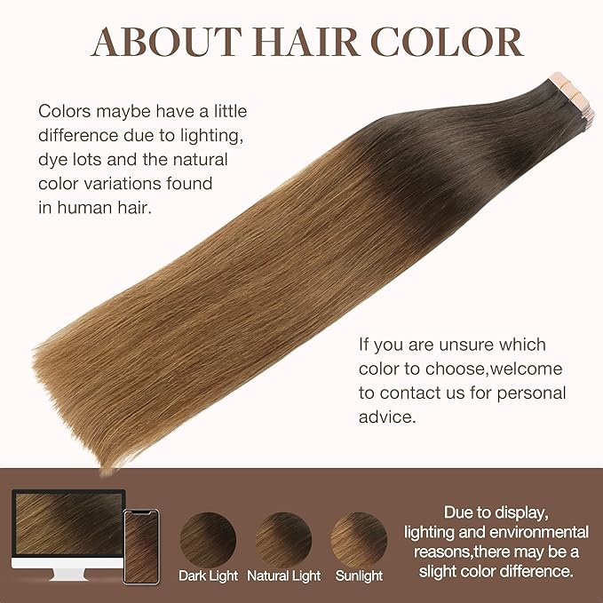 GOO GOO Tape in Hair Extensions Human Hair, 1D/2C/4E Chocolate Dip Color Melt, 18inch 25g 10pcs, Skin Weft Seamless Invisible, Silky Straight with Thick Ends, Remy Human Hair