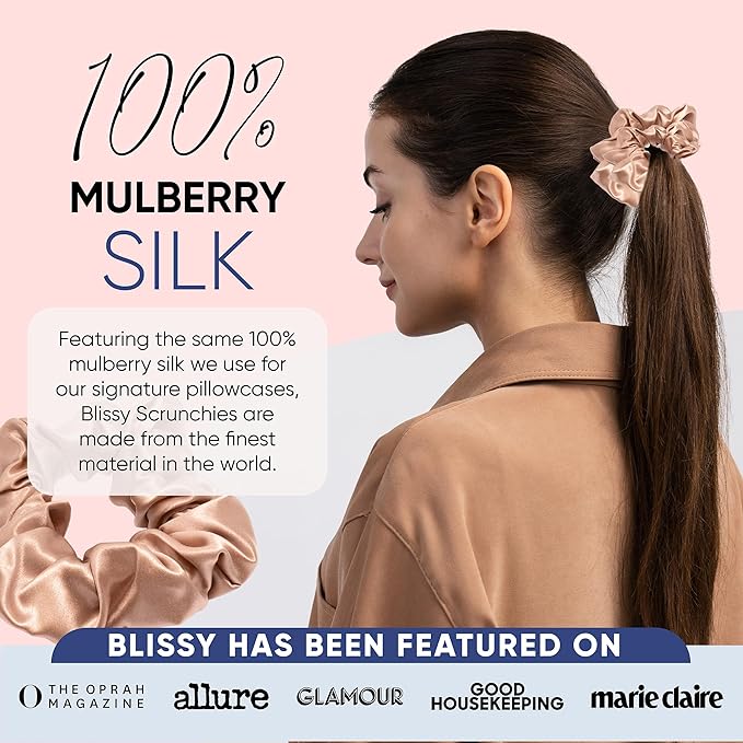 Blissy Silk Scrunchies (3 Pack) - 100% Pure Mulberry Silk - 22 Momme 6A High-Grade Fibers Scrunchie for Straight & Curly Hair - Preventing Breakage, Tangling, & Creasing (Rose Skinny)