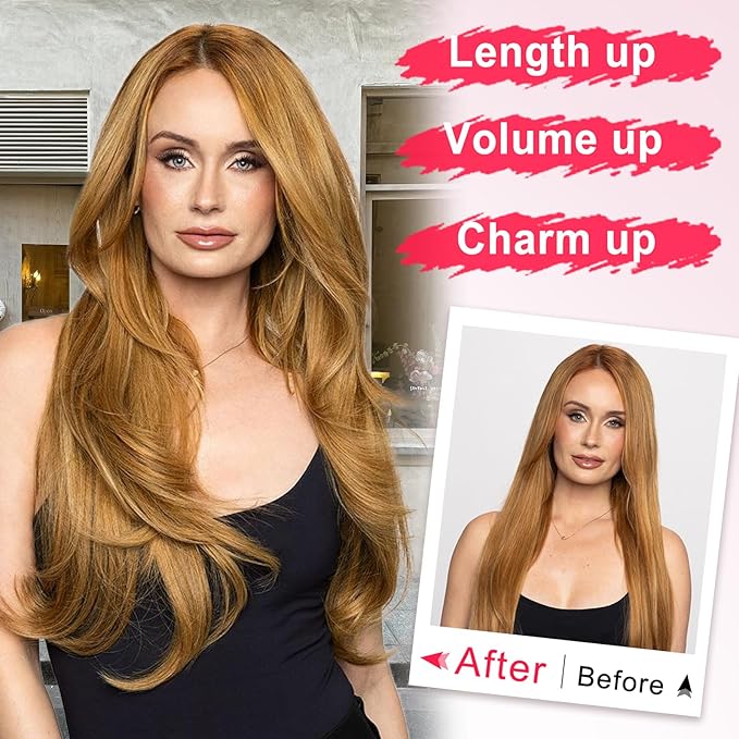 ALXNAN Long Wavy Hair Extensions for Women, Clip in Hair Extensions Clip Ins Soft Full Head Synthetic Hairpieces 20 Inch Honey Blonde