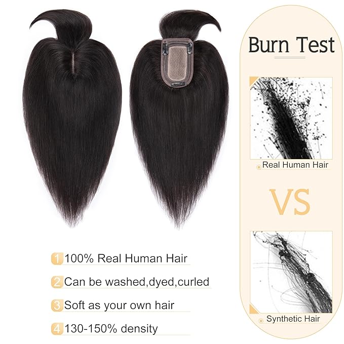 SEGO Hair Toppers for Women Real Human Hair With Bangs, 7 * 13CM Silk Base 100% Remy Human Hair Clip in Top Wiglet Hairpieces Add Volume -18 Inch Natural Black