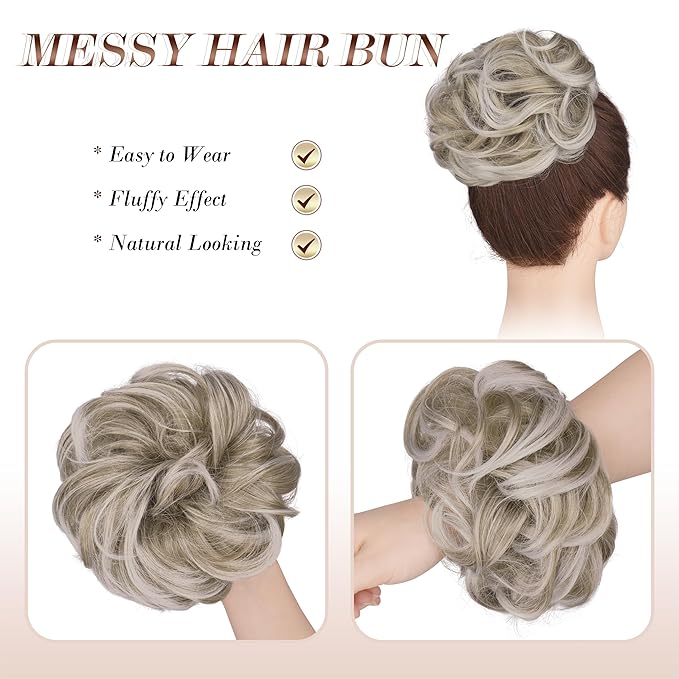 FESHFEN Messy Bun Hair Piece - Large Elastic Wavy Curly Hair Bun Scrunchies Ponytail Extensions Synthetic Chignon Hairpieces for Women, Silver Blonde 1.94oz