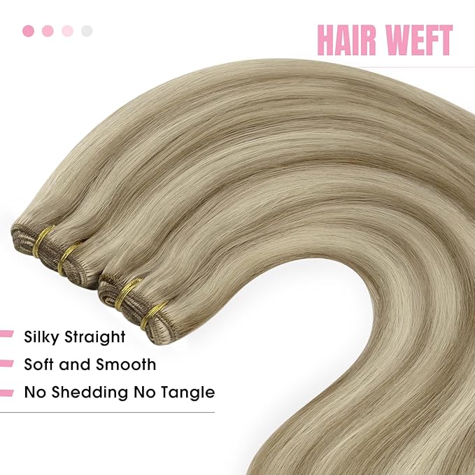 YoungSee Weft Hair Extensions Human Hair Highlight Hair Extensions Sew in Light Brown with Blonde Highlight Weft Extensions Soft Remy Hair 16Inch 100G