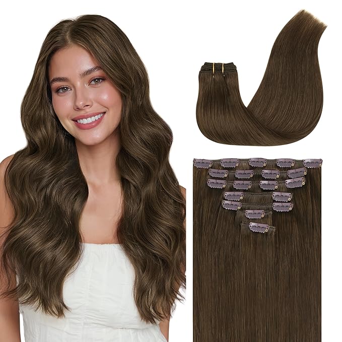 GOO GOO Clip in Hair Extensions Real Human Hair, Remy Human Hair Extensions Clip ins for Women, Natural Human Hair, 16inch 120g 7 Pcs, #4H Light Chocolate Brown