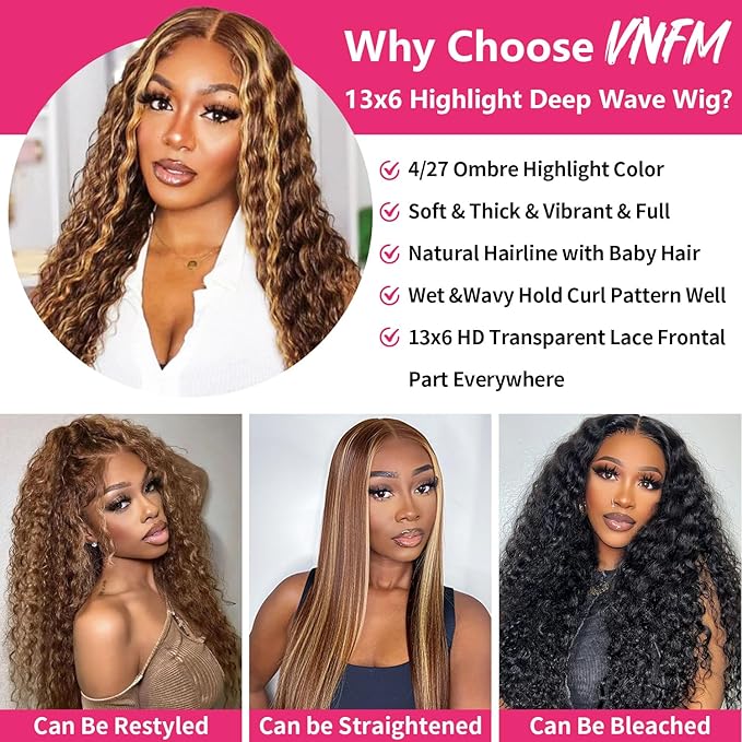 32 Inch Deep Wave Highlight Wig Human Hair 200% Density Honey Blonde 13x6 HD Transparent Lace Front Wigs Human Hair 4/27 Colored Ombre Curly Lace Frontal Wigs For Women