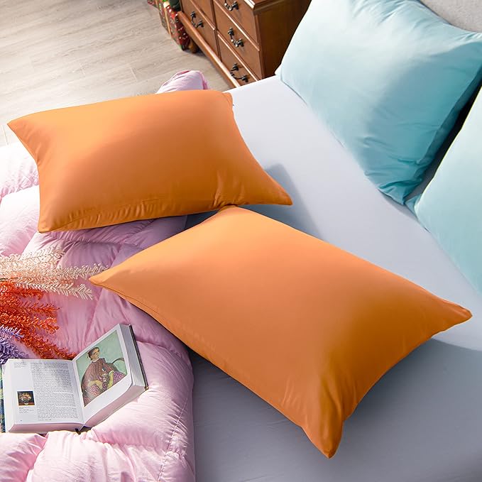NTBAY Zippered Satin Pillow Cases for Hair and Skin, Luxury Standard Hidden Zipper Pillowcases Set of 2, 20x26 Inches, Orange