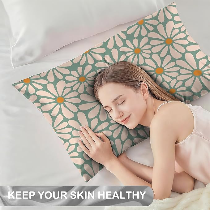 Satin Pillowcase 1 Pack-Boho Daisy Flowers Floral Groovy Retro Silky Pillow Cover for Hair and Skin,Standard Size 20x26 Inch Soft Cooling Printed Pillow Cases with Hidden Zipper,Gifts for Women Men