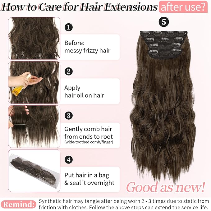 KooKaStyle Clip in Synthetic Hair Extensions Long Wavy 4PCS Thick Hairpieces Chestnut Brown Fiber Double Weft Natural Hair Extensions 20 Inch for Women