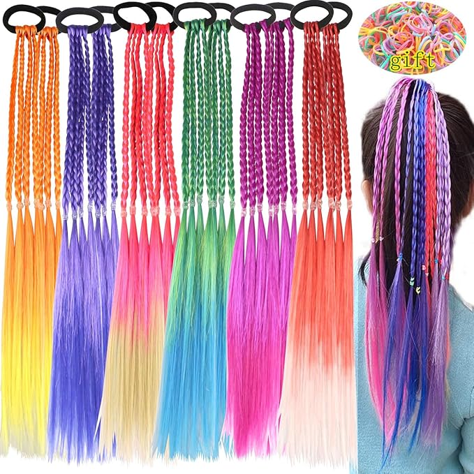 Colored Braids Hair Extensions with Rubber Bands Rainbow Braided Synthetic Hairpieces Ponytail Hair Accessories for Women Kids Girls Party Highlights Cosplay Dress Up (12PCS A Style)