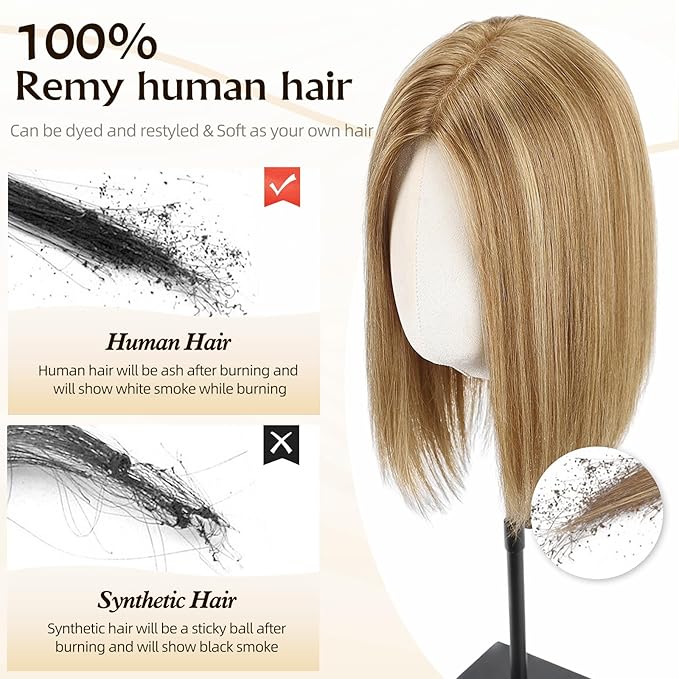 Large MONO Top Hair Toppers for Women Remy Human Hair 14 Inch 6"x7" Big Base Partial wig Cover Thinning Hair or Loss No Bangs Natural Wiglets(Light Brown Highlights)