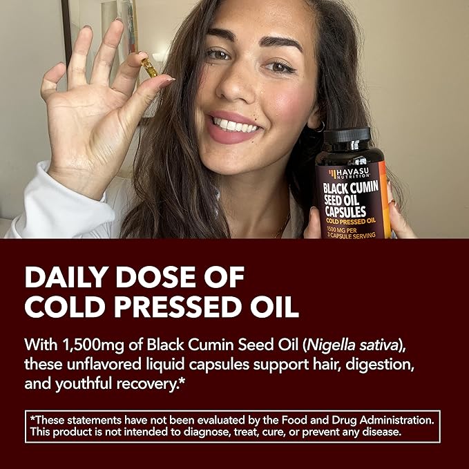 Cold Pressed Black Seed Oil Capsules - 1500mg Black Cumin Supplement for Immune Function, Digestive Support & Overall Health - Hair & Skin Superfood - Nigella Sativa - 1 Month Supply, Unflavored