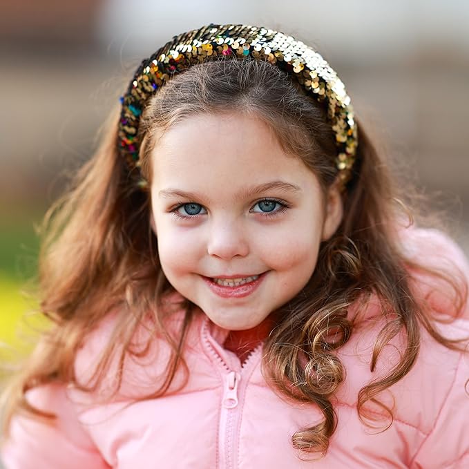 FROG SAC Flip Sequin Headband for Girls, Wide Headbands for Kids, Sparkly Sequined Toddler Hair Bands, Sparkle Head Band Hair Accessories, Easter Basket Fillers Stocking Stuffers (Rainbow/Gold)