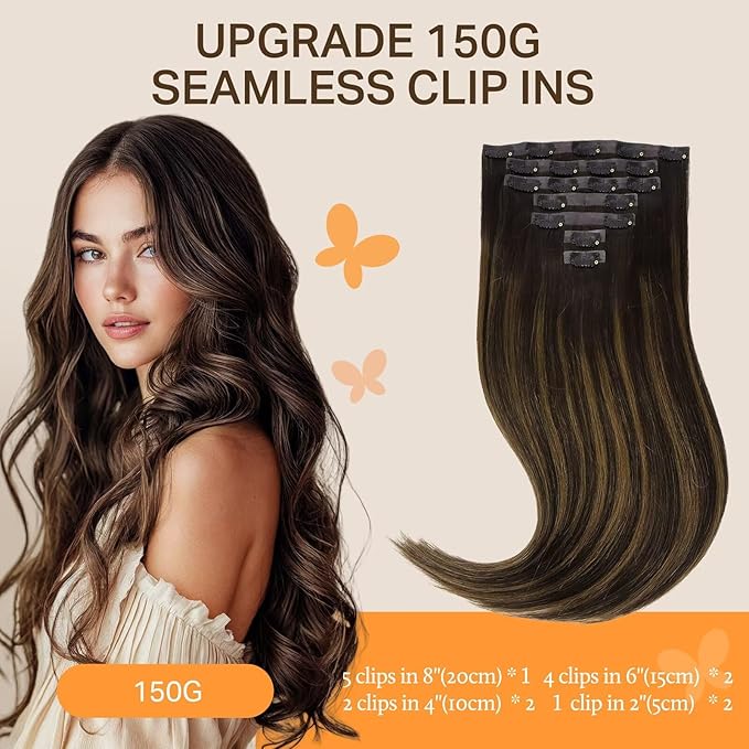 DOORES Clip in Hair Extensions Real Human Hair Invisible Edge, Dark Brown to Chestnut Brown 18 Inch 130g 7pcs, Virgin Thick Straight Natural Weft