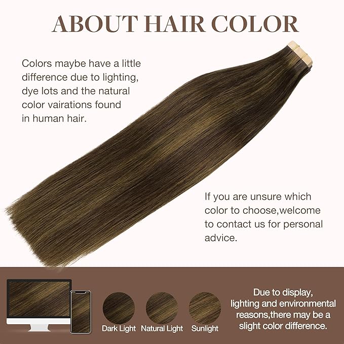 GOO GOO Tape in Hair Extensions Human Hair, 2C/4E/6C Brown Sugar Swirl Highlights, 22inch 50g 20pcs, Skin Weft Seamless Invisible, Silky Straight with Thick Ends, Remy Human Hair
