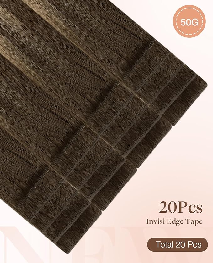 GOO GOO Invisi Edge Tape in Hair Extensions Human Hair, 4/27/4 Balayage Chocolate Brown to Caramel Blonde 20pcs 14inch 50g, Virgin Remy Hair, Seamless Injected Tape, Natural Look
