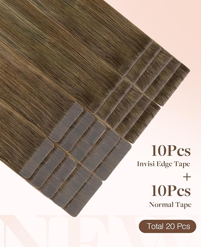GOO GOO Invisi Edge Tape in Hair Extensions Human Hair, 3/8/613 Walnut Brown to Ash Brown and Bleach Blonde 10pcs injected with 10pcs classical tape ins, 24inch 50g, Virgin Remy Hair, Natural Look