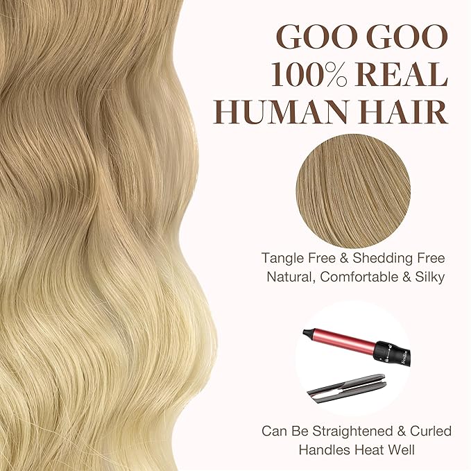 GOO GOO Tape in Hair Extensions Human Hair, O18G/22G Ombre Beige Blonde with Ash Highlights, 24inch 50g 20pcs, Skin Weft Seamless Invisible, Silky Straight with Thick Ends, Remy Human Hair