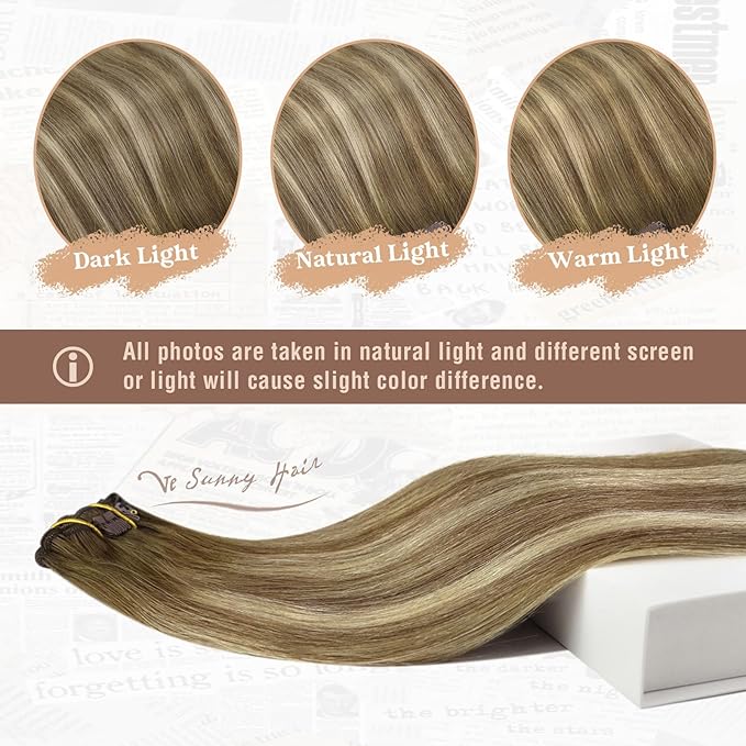 Ve Sunny Clip in Hair Extensions 22inch Real Hair Clip in Extensions Ombre Human Hair Extensions Clip ins Dark Brown to Light Brown with Blonde Balayage Winter Clip on Hair Extensions 120g 7pcs