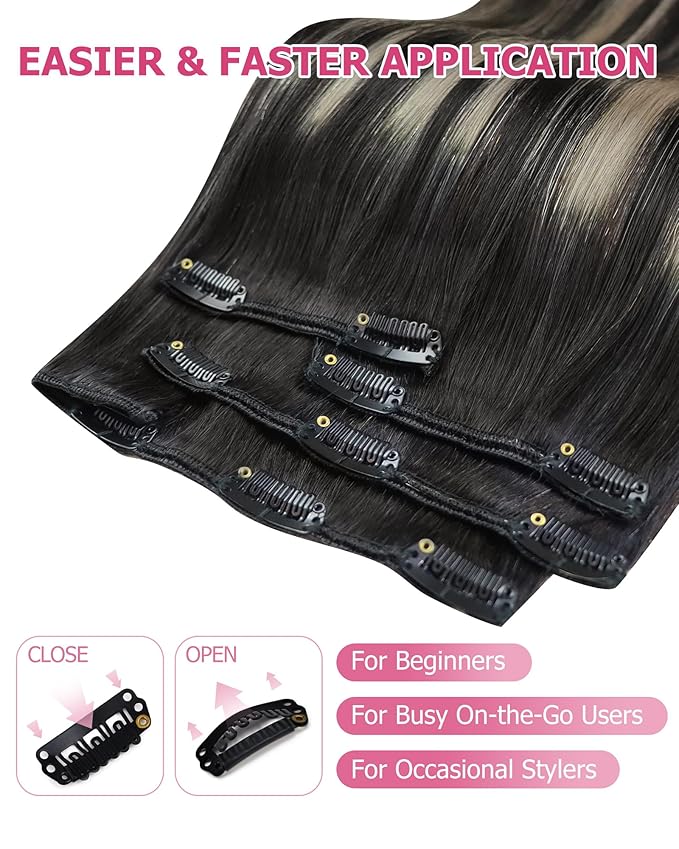 YoungSee 135G Balayage Clip in Hair Extensions Black Ombre Clip in Hair Extensions Human Hair Natural Black and Silver Blonde Balayage Human Hair Clip ins for Natural Look 16In