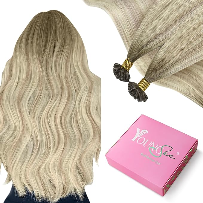 YoungSee U Tip Hair Extensions Real Human Hair Ash Blonde Ombre Blonde Balayage UTip Remy Hair Extensions 14In 50G/50S