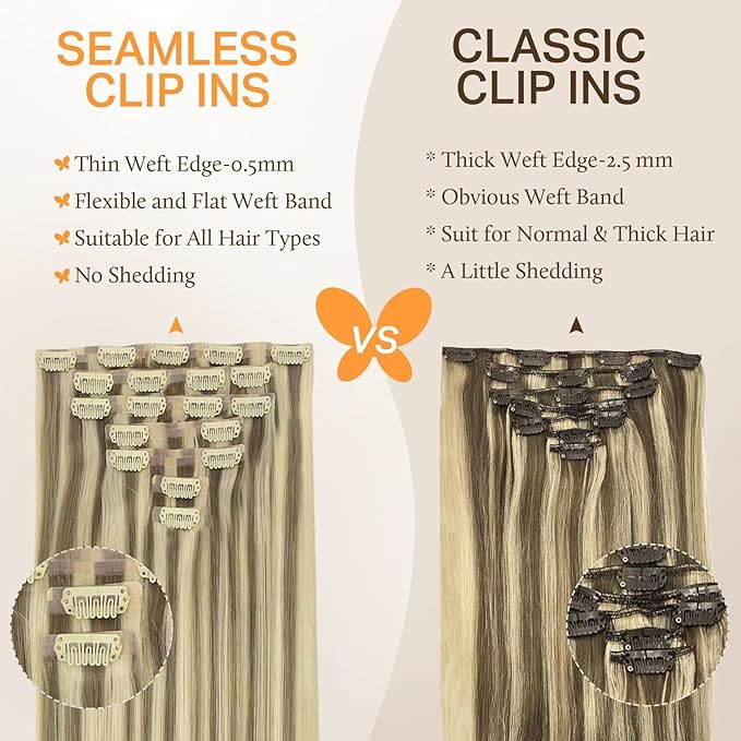 DOORES Seamless Clip in Human Hair Extensions, Light Brown Highlighted Medium Blonde 20 Inch 7pcs 110g, Clip in Straight Remy Invisi Edge Hair Extensions