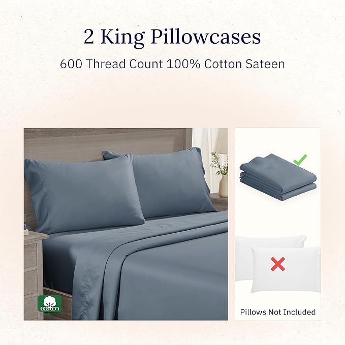 California Design Den Luxuriously Soft Premium 600 Thread Count, 100% Cotton Set of 2 Cases, Crisp Pillowcases King Size Set of 2, Fits King Pillows (Pastel Blue)