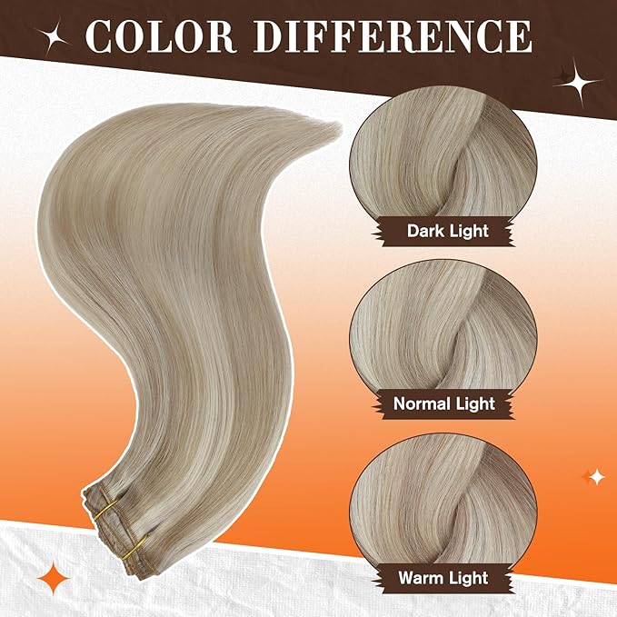 Full Shine Blonde Clip in Hair Extensions Highlights Light Blonde Real Human Hair 16 Inch Invisible Human Hair Clip ins for Women Natural Hair Add Volume 60 Grams 3Pcs