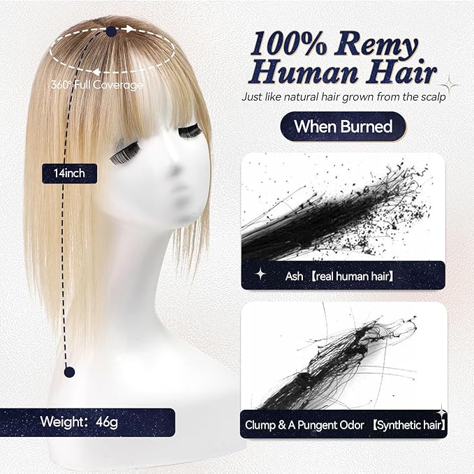 starluck Hair Toppers for Women Real Human Hair With Bangs, 100% Remy HumanHair Toppers for Women Hand-woven with Thinning,Cover Gray Roots,Adds Volume,Ombre Light Blonde
