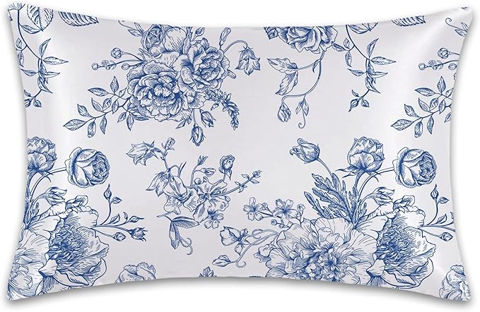 Satin Pillowcase 1 Pack-Blue Flowers Peonies Roses Silky Pillow Cover for Hair and Skin,Standard Size 20x26 Inch Soft Cooling Printed Pillow Cases with Hidden Zipper,Gifts for Women Men